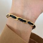 Faux Leather Chained Bracelet E28 - Black & Gold - One Size
