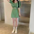 Puff-sleeve Plaid Crop Top / A-line Mini Skirt