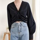 V-neck Ruched Long-sleeve Cropped Blouse Black - One Size