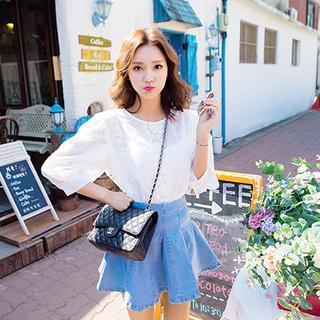 Puff-sleeve Lace-trim Top