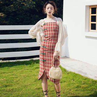 Plaid Frog-button Spaghetti-strap Midi Sheath Dress