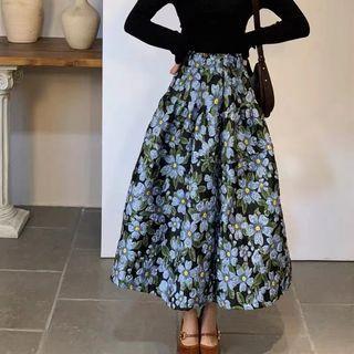Floral Midi A-line Skirt Blue Flowers - Black - One Size