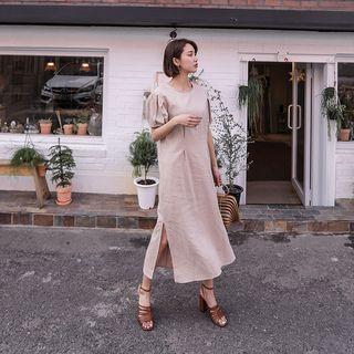 Puff-sleeve Slit-side Long Dress With Sash