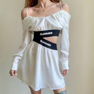 Cold-shoulder Lettering Cutout A-line Dress