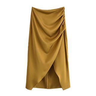 Ruched Slit Midi Pencil Dress