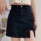 Slit Mini A-line Denim Skirt
