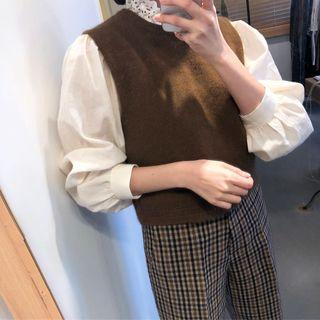 Crew-neck Knit Vest / Plaid Cropped Pants