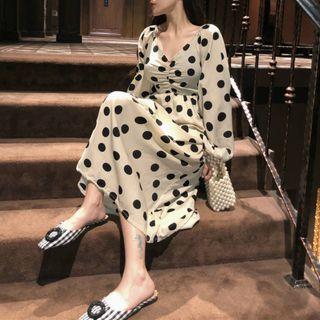 Lantern-sleeve Dotted Maxi A-line Dress