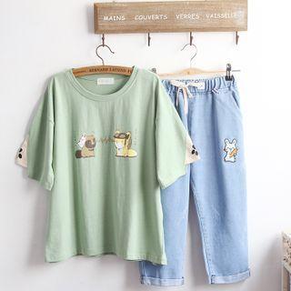 Short-sleeve Print T-shirt / Wide-leg Jeans / Set