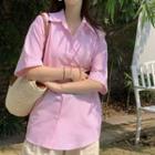 Short-sleeve Oversized Striped Shirt Pink - One Size