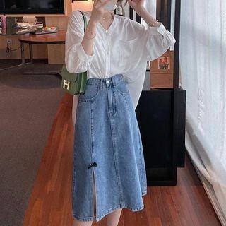 Long-sleeve V-neck Blouse / Midi A-line Denim Skirt
