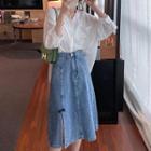 Long-sleeve V-neck Blouse / Midi A-line Denim Skirt