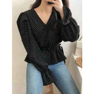 Balloon-sleeve Dotted Peplum Top