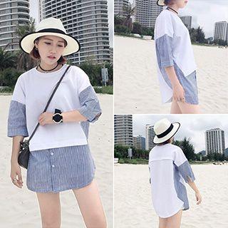 Stripe Panel Mock Two-piece Shirt