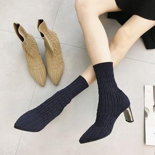 Chunky-heel Pointy-toe Knitted Short Boots