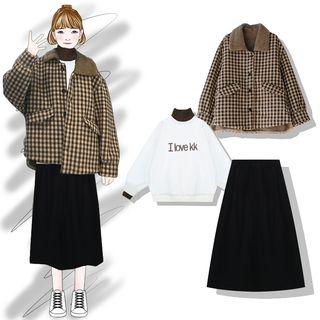 Mock Two-piece Embroidered Pullover / Plaid Button Jacket / Midi A-line Skirt