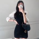 Puff-sleeve Mini Bodycon Dress Black & White - One Size