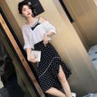 Set: Elbow-sleeve Top + Spaghetti Strap Dotted Dress