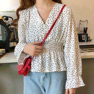 Dotted V-neck Long-sleeve Chiffon Blouse