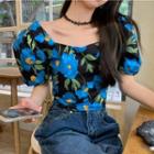 Puff-sleeve Square Neck Floral Top Blue - One Size
