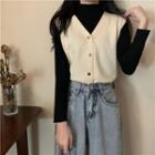 Mock-turtleneck Long-sleeve T-shirt / Striped Knit Vest