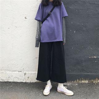 Mock Two-piece Long-sleeve T-shirt / Cropped Wide-leg Pants