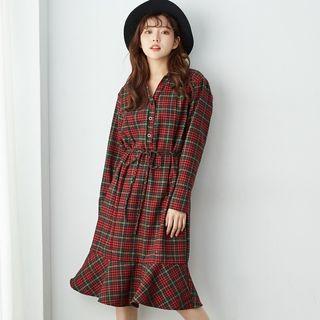Long-sleeve Ruffle Hem Plaid Midi Shirtdress Red - One Size