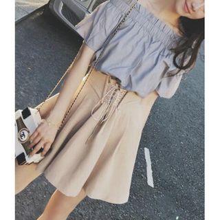 Set: Cold-shoulder Blouse + Lace Up Mini A-line Skirt