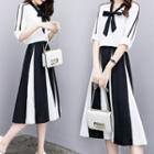 Set: Bow Accent Elbow-sleeve Blouse + Color Block A-line Skirt