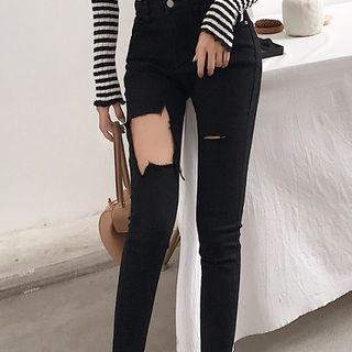 Plain Distressed High-waist Slim-fit Jeans