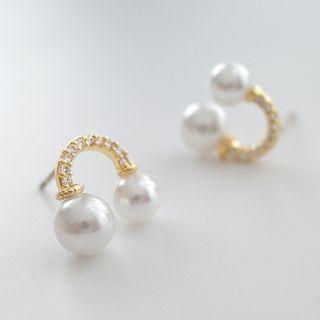 Faux Pearl Rhinestone Stud Earring 1 Pair - S925 Silver - White & Gold - One Size