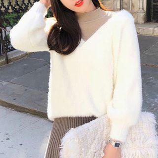 Set: Mock Two-piece Mock-neck Sweater + Pleated Midi Skirt