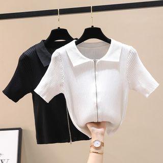 Short-sleeve Collared Zip Cropped Knit Top