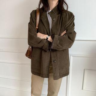 Mock-neck Drawstring-waist Corduroy Jacket