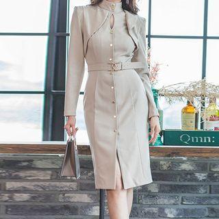 Long-sleeve Buttoned Stand Collar Sheath Dress