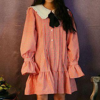 Long-sleeve Peter Pan Collar Gingham Mini Dress Red - One Size
