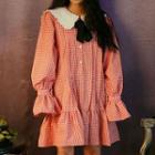 Long-sleeve Peter Pan Collar Gingham Mini Dress Red - One Size