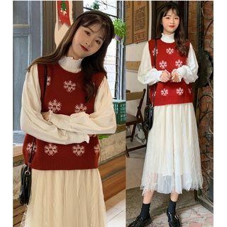 Snow Patterned Sweater Vest/ Frill-trim Blouse/ Midi Mesh-overlay A-line Skirt
