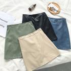 Plain High-waist A-line Leather Skirt