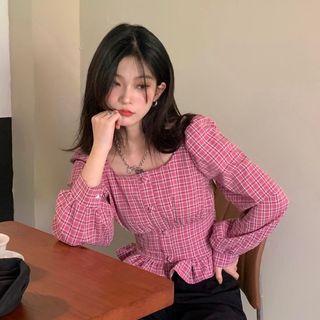 Plaid Ruffled Blouse Rose Pink - One Size
