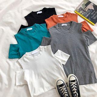 Plain Crewneck Off-shoulder Knit Top