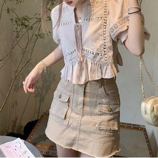Short-sleeve Embroidered Cutout Cropped Blouse