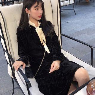 Long-sleeve Tie-neck Mini Velvet Dress