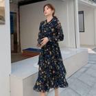 Floral Print Long-sleeve Layered Midi A-line Dress