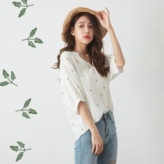 Leaf Print Elbow-sleeve Blouse