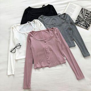 Plain Asymmetric Crewneck Long-sleeve Top