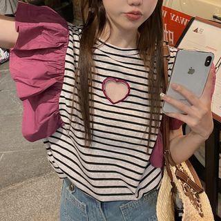 Flare-sleeve Cutout Striped T-shirt Stripes - Black & White - One Size