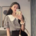 Lace Peter Pan Collar Plaid Puff-sleeve Top As Shown In Image - One Size