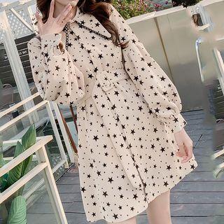 Lantern-sleeve Star Print Mini A-line Dress With Belt