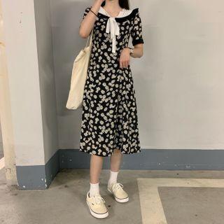 Floral Print Ribbon A-line Dress